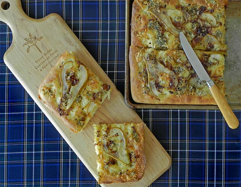 Focaccia with Caramelized Onions, Pear & Blue Cheese