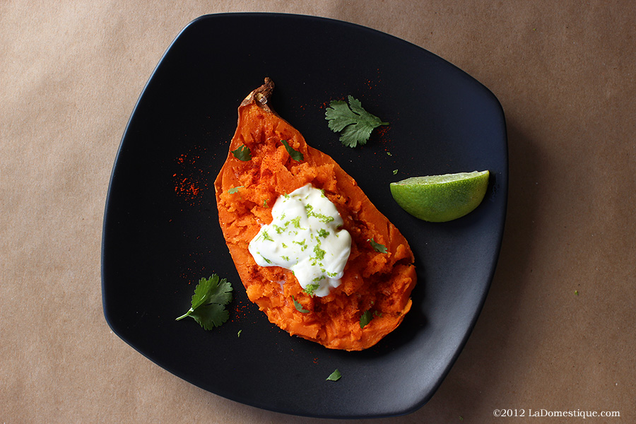 Coffee-Baked Sweet Potatoes with Chili Spice, Crème Fraîche, Lime & Cilantro