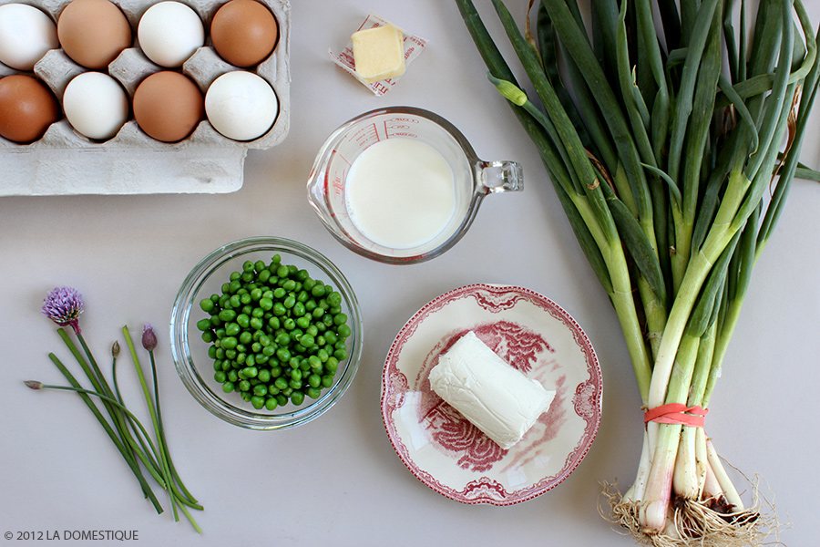 Ingredients for Spring Onion, Pea, and Chive Frittata with Goat Cheese (c)2012 LaDomestique.com