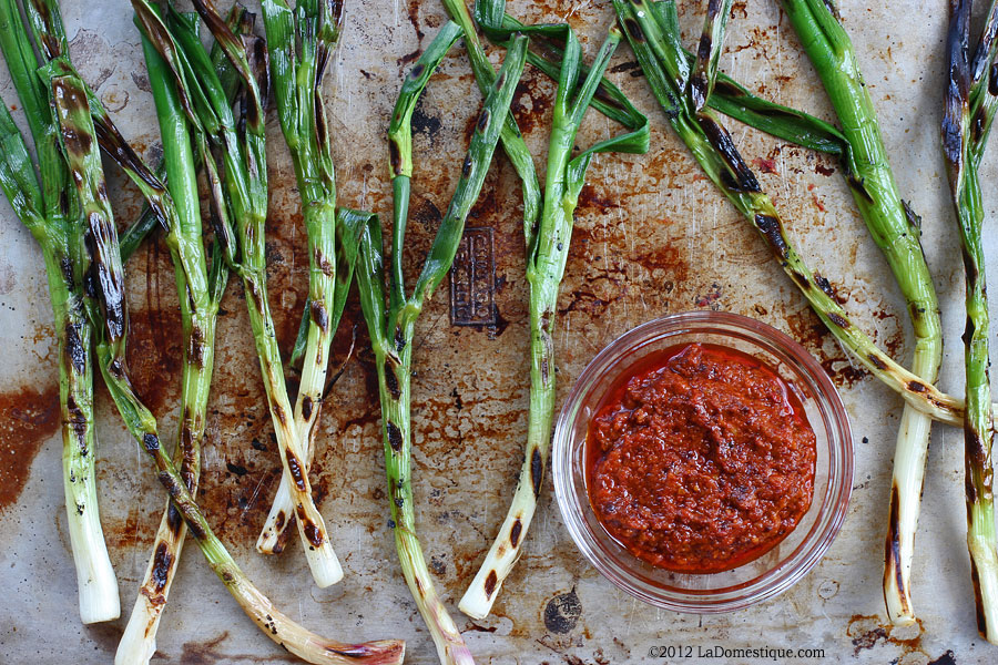 Grilled Spring Onions with Romesco Sauce