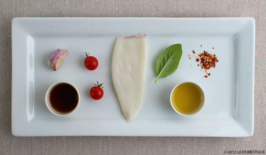 Ingredients for Grilled Squid with Tomatoes and Basil (c)2012 LaDomestique.com Ingredients for Grilled Squid with Tomatoes and Basil (c)2012 LaDomestique.com
