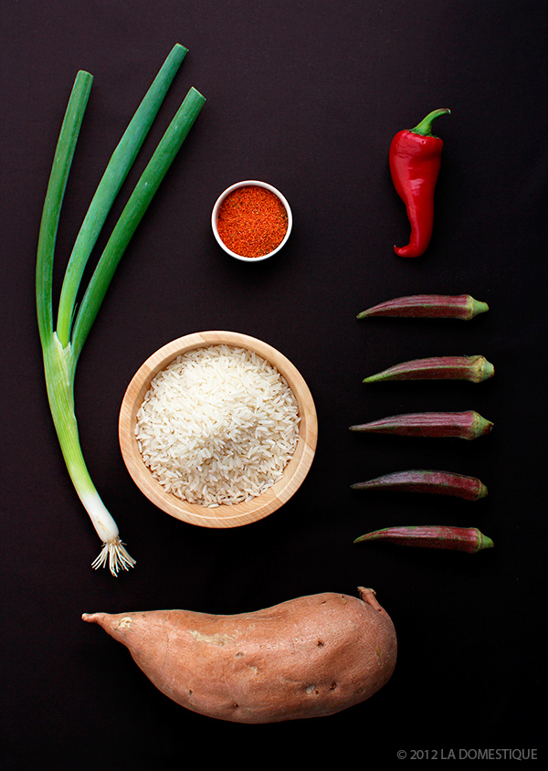 Ingredients for Spiced Rice with Sweet Potatoes and Crispy Okra (c)2012 LaDomestique.com Ingredients for Spiced Rice with Sweet Potatoes and Crispy Okra (c)2012 LaDomestique.com
