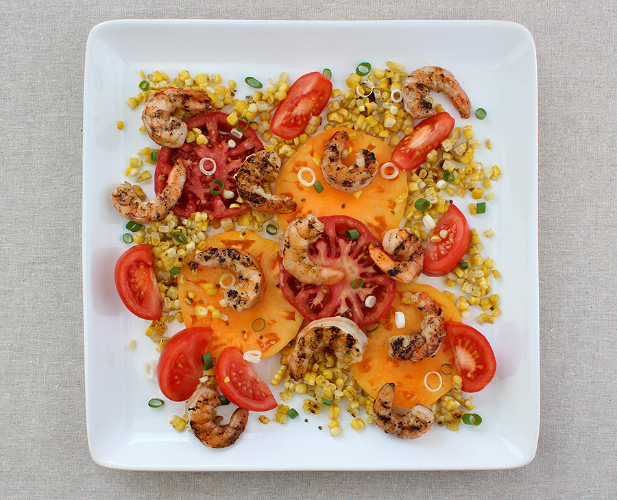Tomato Salad with Grilled Corn, Shrimp, and Chili-Lime Vinaigrette (c)2012 LaDomestique.com Tomato Salad with Grilled Corn, Shrimp, and Chili-Lime Vinaigrette (c)2012 LaDomestique.com