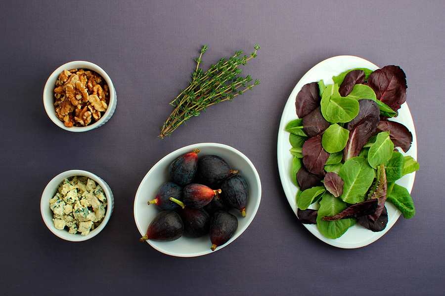 Ingredients for Grilled Fig Salad with Blue Cheese, Thyme, and Walnuts (c) 2012 La Domestique Ingredients for Grilled Fig Salad with Blue Cheese, Thyme, and Walnuts (c) 2012 La Domestique