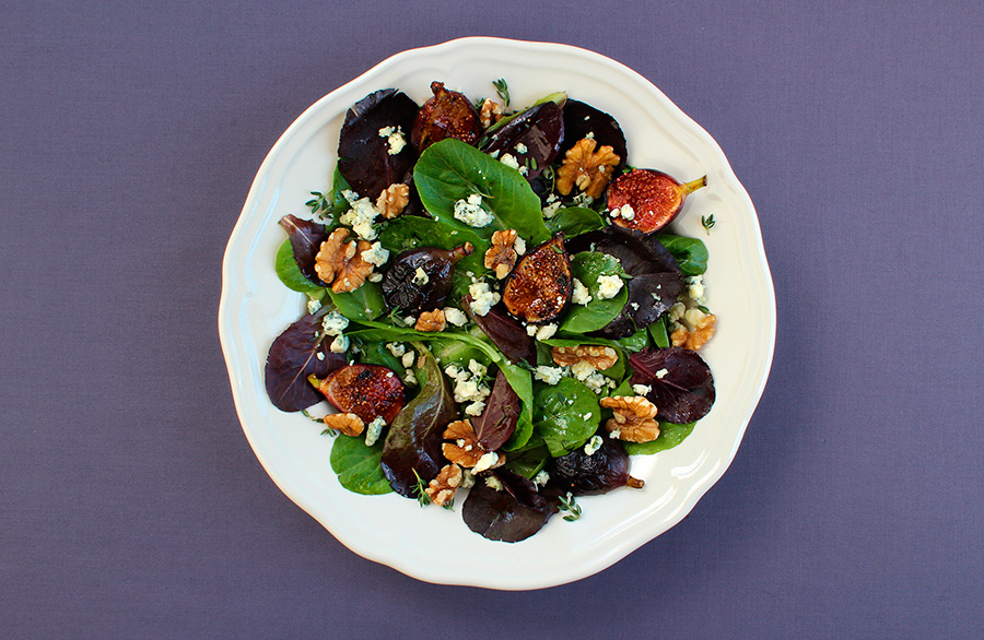 Grilled Fig Salad with Blue Cheese, Thyme, and Walnuts