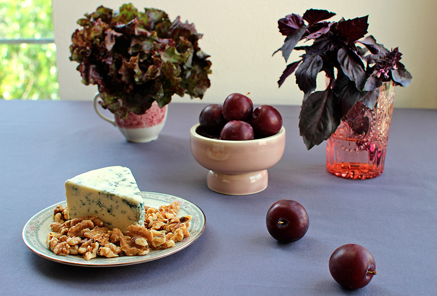 Ingredients for Grilled Plum Salad with Purple Basil, Blue Cheese, and Balsamic Vinaigrette (c)2012 La Domestique Ingredients for Grilled Plum Salad with Purple Basil, Blue Cheese, and Balsamic Vinaigrette (c)2012 La Domestique