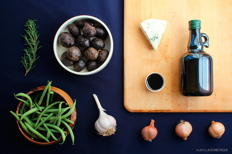 Ingredients for Roasted Potato Salad with Shallots, Green Beans, Blue Cheese, and Balsamic Vinaigrette (c) 2012 La Domestique Ingredients for Roasted Potato Salad with Shallots, Green Beans, Blue Cheese, and Balsamic Vinaigrette (c) 2012 La Domestique