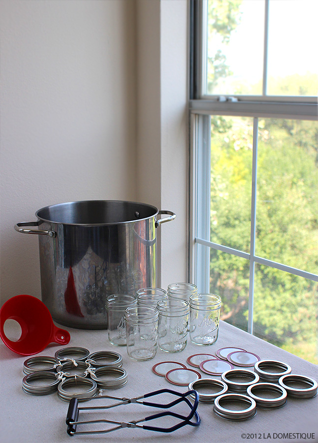Supplies for Canning: Large Pot, Jars, Lids, Bands, Funnel, Jar Lifter, Rack (c)2012 La Domestique Supplies for Canning: Large Pot, Jars, Lids, Bands, Funnel, Jar Lifter, Rack (c)2012 La Domestique
