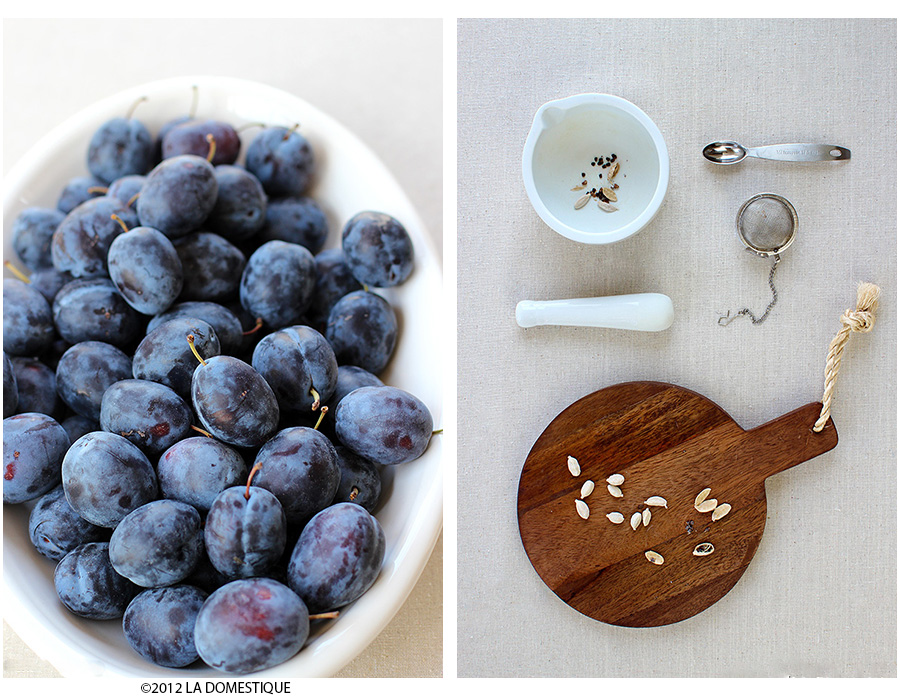 Ingredients for Italian Prune and Cardamom Conserve (c) 2012 La Domestique Ingredients for Italian Prune and Cardamom Conserve (c) 2012 La Domestique