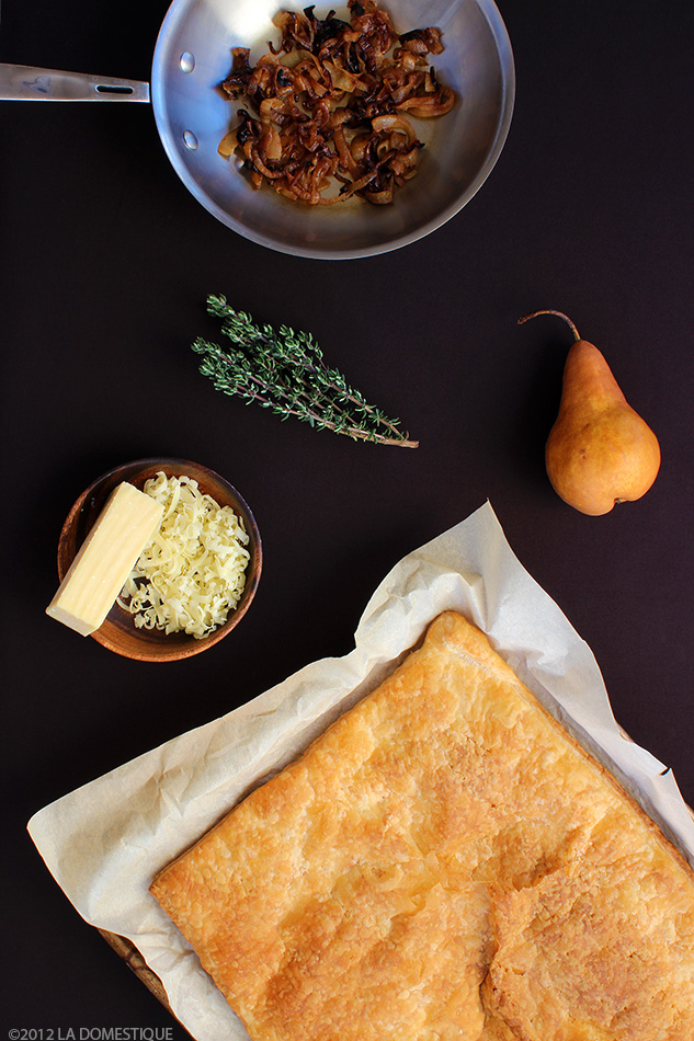 Ingredients for Pear, Cheddar, and Caramelized Onion Tart (c) 2012 La Domestique Ingredients for Pear, Cheddar, and Caramelized Onion Tart (c) 2012 La Domestique