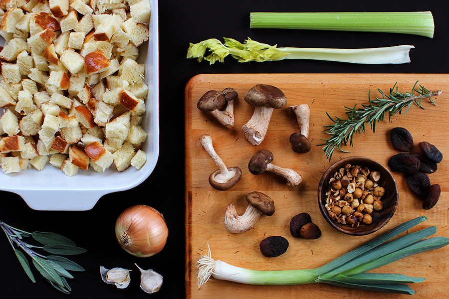 Ingredients for Kosher Challah Stuffing with Mushrooms and Hazelnuts (c)2012 La Domestique