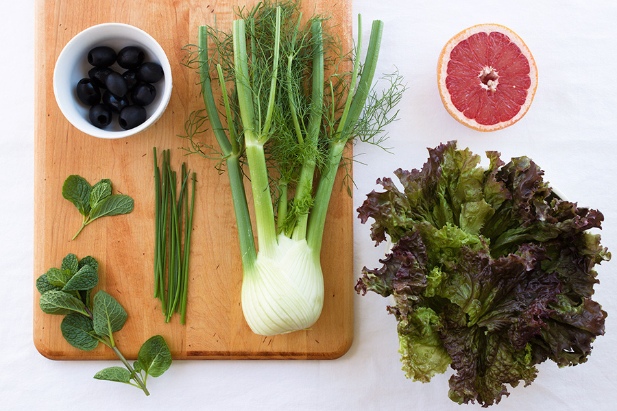Ingredients for Winter Salad with Grapefruit and Seared Scallops (c)2013 La Domestique
