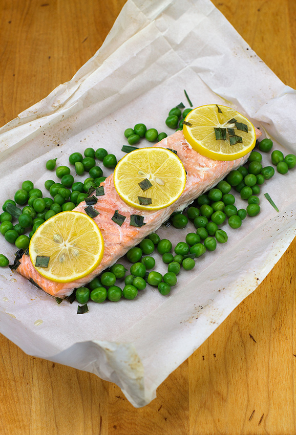 Salmon Cooked in Parchment with Tarragon and Peas (c)2013 La Domestique