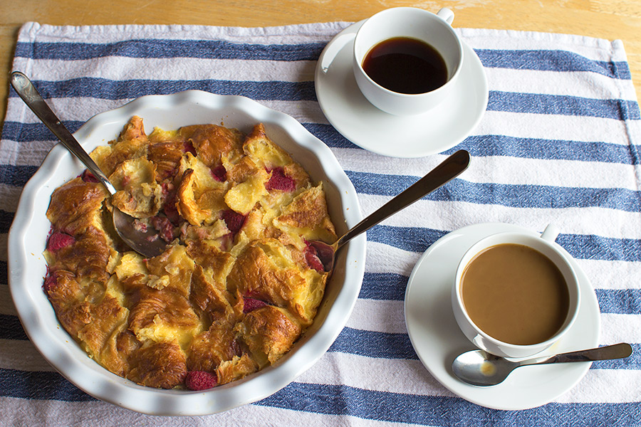 Raspberry Croissant Bread Pudding and Coffees, photo (c)2013 La Domestique