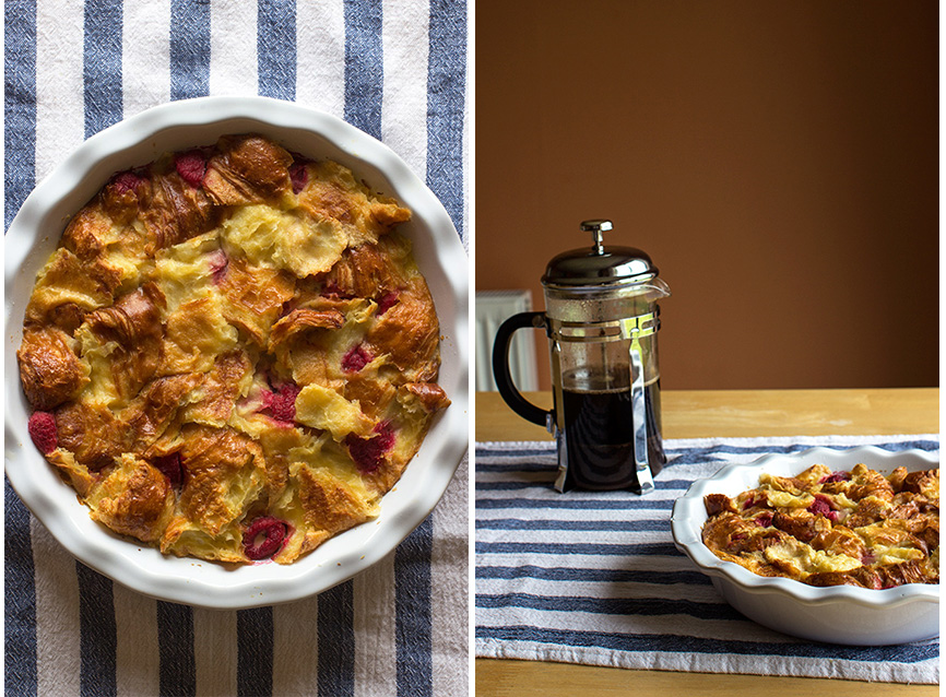 Raspberry Croissant Bread Pudding and French Press, photo (c)2013 La Domestique