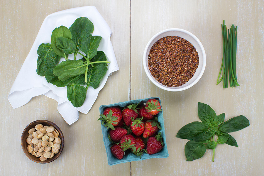 Ingredients for Strawberry, Spinach, and Quinoa Salad with Balsamic Vinaigrette (c)2013 La Domestique
