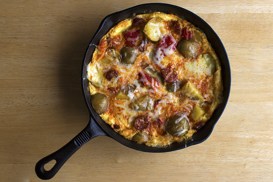 Spanish Tortilla with Red Peppers, Chorizo and Manchego