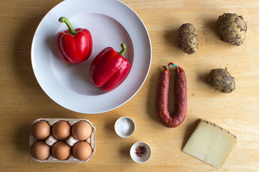 Ingredients for Spanish Tortilla with Red Peppers, Chorizo and Manchego (c)2013 La Domestique