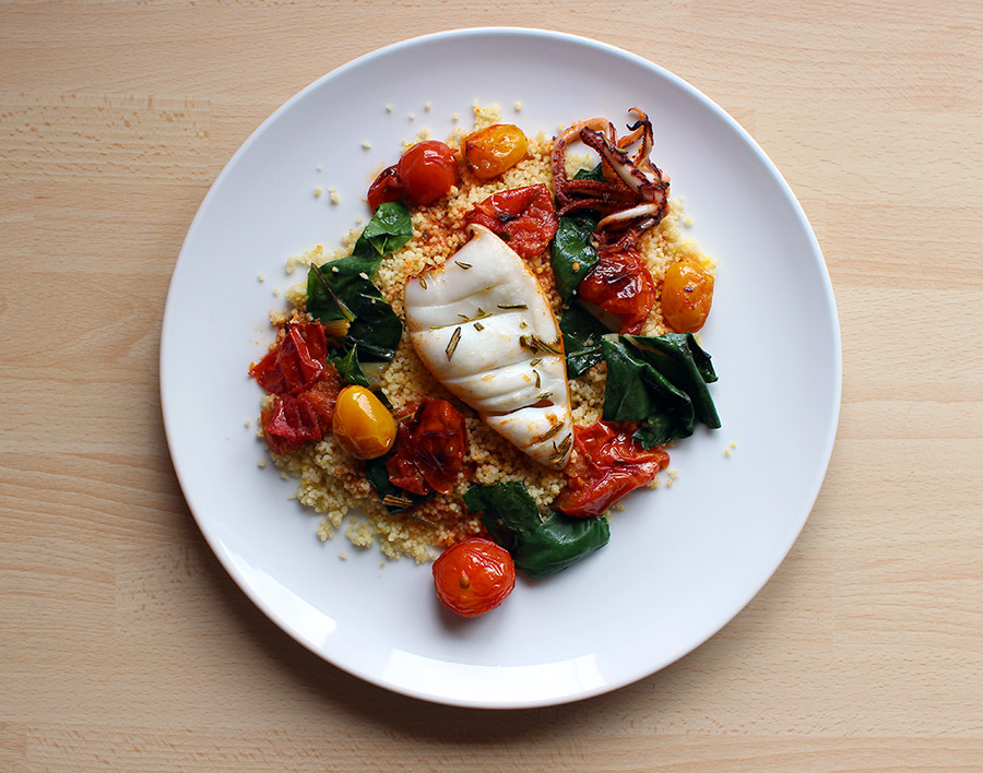 Moorish Roast Squid with Smoky Tomatoes and Saffron Couscous (c)2013 La Domestique