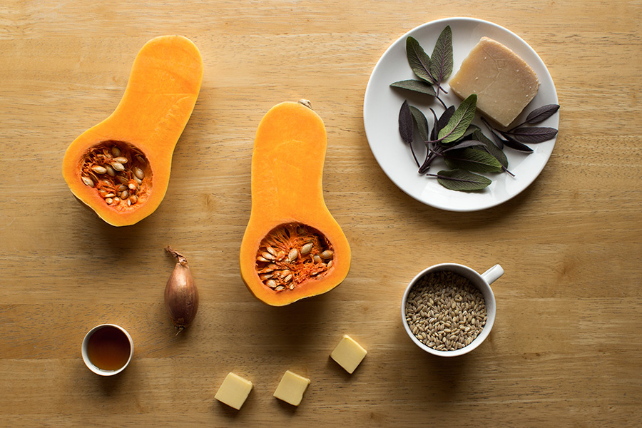 Ingredients for Pearl Barley Risotto with Irish Ale, Butternut Squash and Sage (c)2013 La Domestique