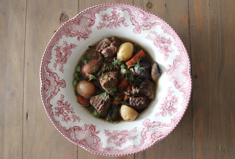 Spring Beef Stew with Mushrooms, Peas, and Baby Potatoes