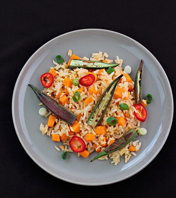 Spiced Rice with Sweet Potatoes and Crispy Okra