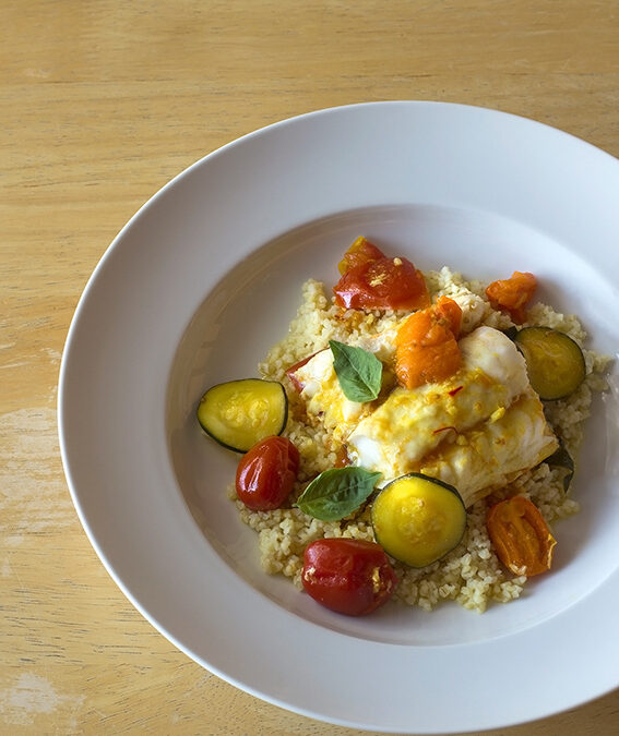 Poached Fish with Tomato-Saffron Broth and Garden Vegetables