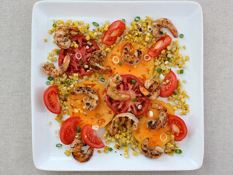 Tomato Salad with Grilled Corn, Shrimp, and Chili-Lime Vinaigrette